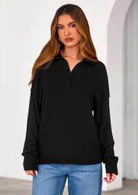 PRETTYGARDEN Womens Sweaters Quarter Zip Pullover Early Fall Fashion Long Sleeve V Neck Collared Knit Winter Jumper Tops