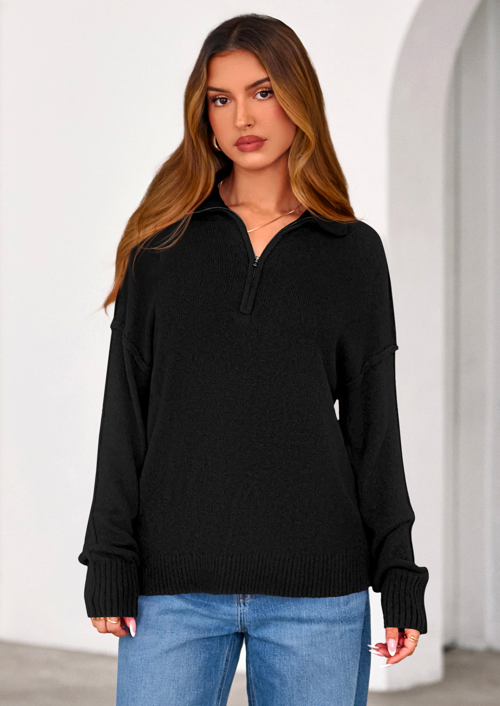 PRETTYGARDEN Womens Sweaters Quarter Zip Pullover Early Fall Fashion Long Sleeve V Neck Collared Knit Winter Jumper Tops