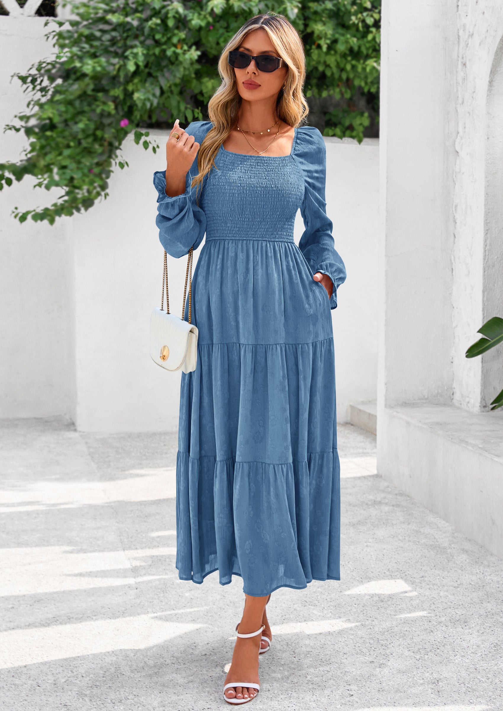 PRETTYGARDEN Fall Wedding Guest Dresses for Women Floral Long Sleeve Smocked Tiered Elegant Long Flowy Boho Dress