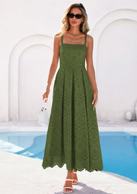 PRETTYGARDEN Womens Sleeveless Maxi Summer Dresses Hollow Out Eyelet Square Neck Ruffle Flowy Beach Vacation Sundress PRETTYGARDEN