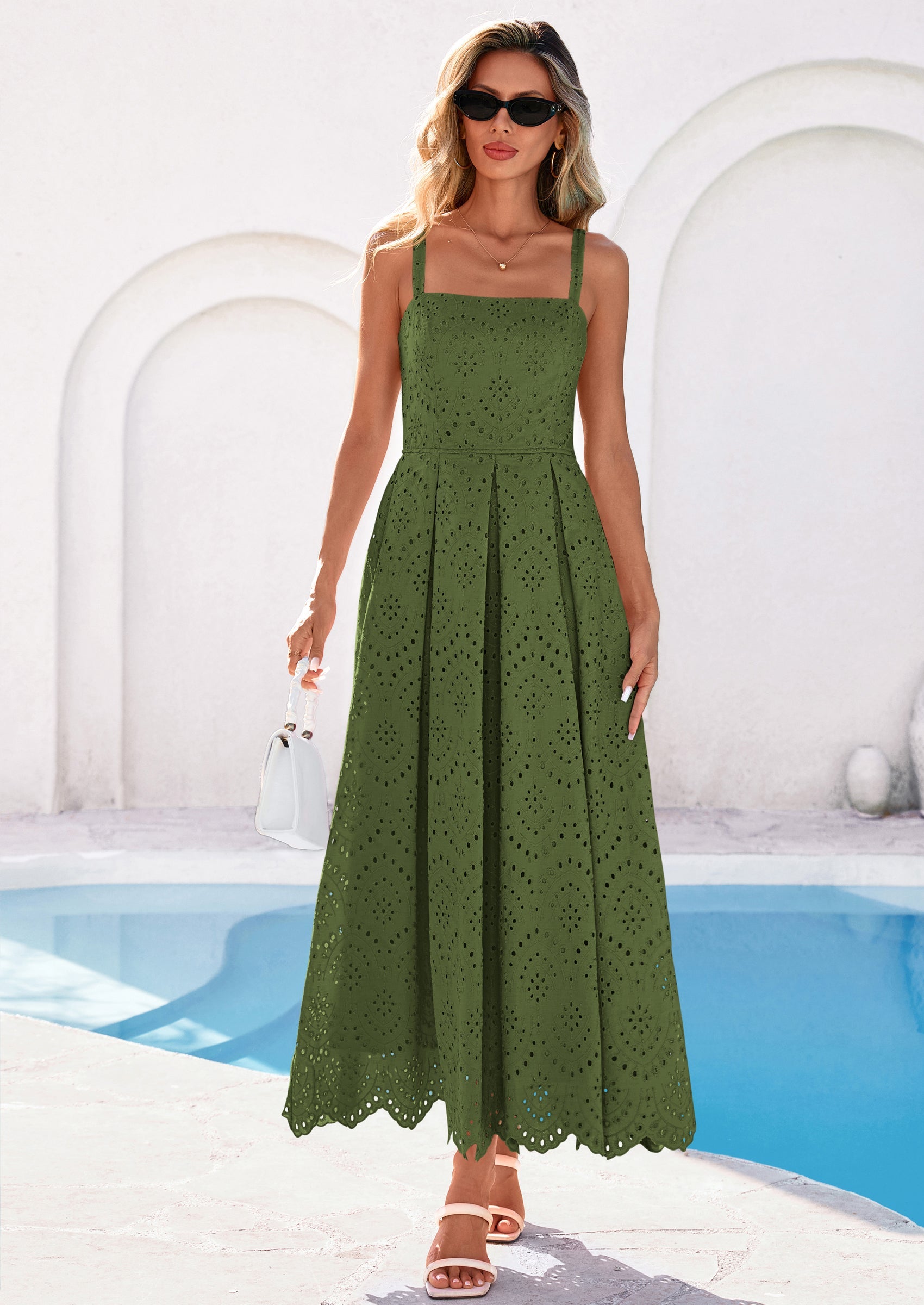 PRETTYGARDEN Womens Sleeveless Maxi Summer Dresses Hollow Out Eyelet Square Neck Ruffle Flowy Beach Vacation Sundress PRETTYGARDEN