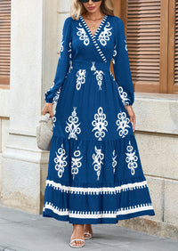 PRETTYGARDEN Women's Fall Wedding Guest Dresses Boho Floral Long Sleeve V Neck Flowy Elegant Maxi Dress Beach Clothes