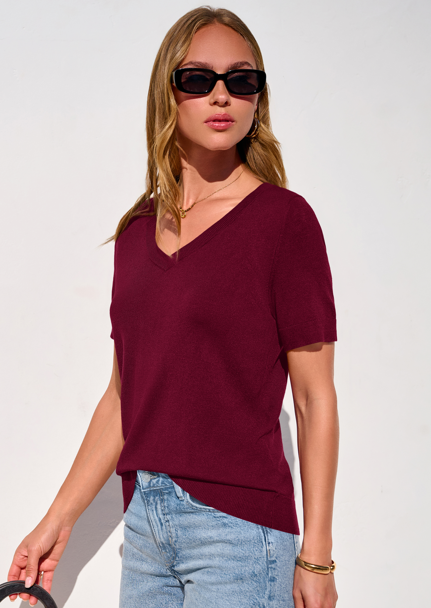 PRETTYGARDEN Womens Short Sleeve Sweater V Neck Trendy Pullover Tops Summer Spring Loose Lightweight Casual Blouse PRETTYGARDEN