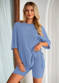 PRETTYGARDEN Women's Two Piece Lounge Set Summer Casual Oversized Shirts Biker Shorts Matching Airport Travel Outfit