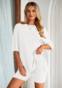 PRETTYGARDEN Women's Two Piece Lounge Set Summer Casual Oversized Shirts Biker Shorts Matching Airport Travel Outfit