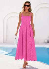 PRETTYGARDEN Womens Sleeveless Maxi Summer Dresses Hollow Out Eyelet Square Neck Ruffle Flowy Beach Vacation Sundress PRETTYGARDEN