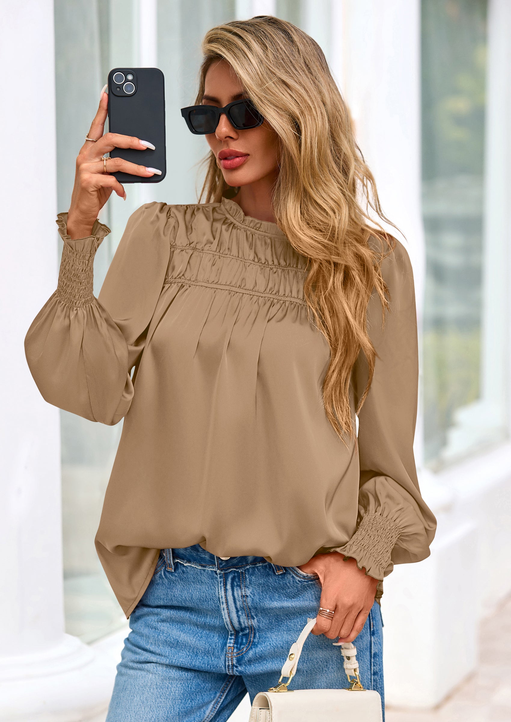 PRETTYGARDEN Blouses for Women Dressy Casual Fall Outfits Frill Neck Long Sleeve Shirts Satin Work Business Casual Tops