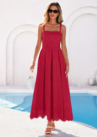 PRETTYGARDEN Womens Sleeveless Maxi Summer Dresses Hollow Out Eyelet Square Neck Ruffle Flowy Beach Vacation Sundress PRETTYGARDEN