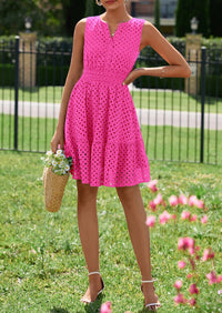 PRETTYGARDEN Women's Summer Dresses Sleeveless V Neck Eyelet Hollow Out Swing A Line Beach Vacation Sun Dress