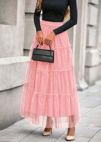 PRETTYGARDEN Maxi Skirts for Women Fall Tulle High Waisted Ruffle Flowy A-Line Long Skirt Country Concert Outfits