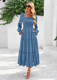 PRETTYGARDEN Fall Wedding Guest Dresses for Women Floral Long Sleeve Smocked Tiered Elegant Long Flowy Boho Dress