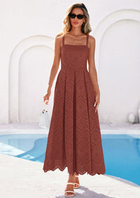 PRETTYGARDEN Womens Sleeveless Maxi Summer Dresses Hollow Out Eyelet Square Neck Ruffle Flowy Beach Vacation Sundress PRETTYGARDEN