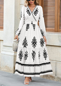 PRETTYGARDEN Women's Fall Wedding Guest Dresses Boho Floral Long Sleeve V Neck Flowy Elegant Maxi Dress Beach Clothes