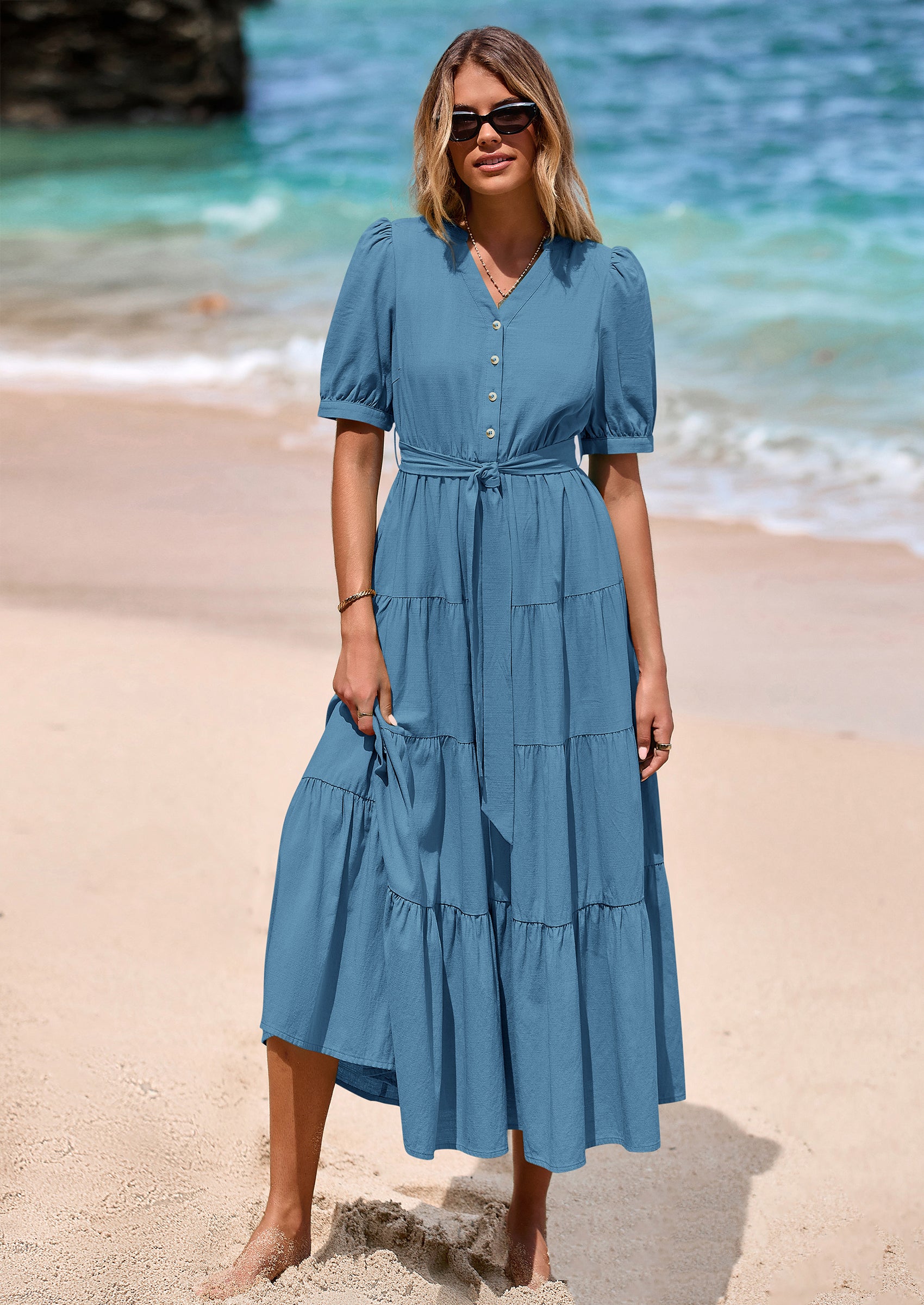 PRETTYGARDEN Women's Midi Dress Casual Short Sleeve V Neck Buttons Belted Ruffle A Line Flowy Dress with Pockets