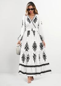 PRETTYGARDEN Women's Fall Wedding Guest Dresses Boho Floral Long Sleeve V Neck Flowy Elegant Maxi Dress Beach Clothes