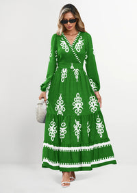 PRETTYGARDEN Women's Fall Wedding Guest Dresses Boho Floral Long Sleeve V Neck Flowy Elegant Maxi Dress Beach Clothes