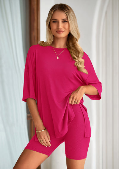 PRETTYGARDEN Women's Two Piece Lounge Set Summer Casual Oversized Shirts Biker Shorts Matching Airport Travel Outfit