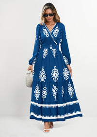 PRETTYGARDEN Women's Fall Wedding Guest Dresses Boho Floral Long Sleeve V Neck Flowy Elegant Maxi Dress Beach Clothes