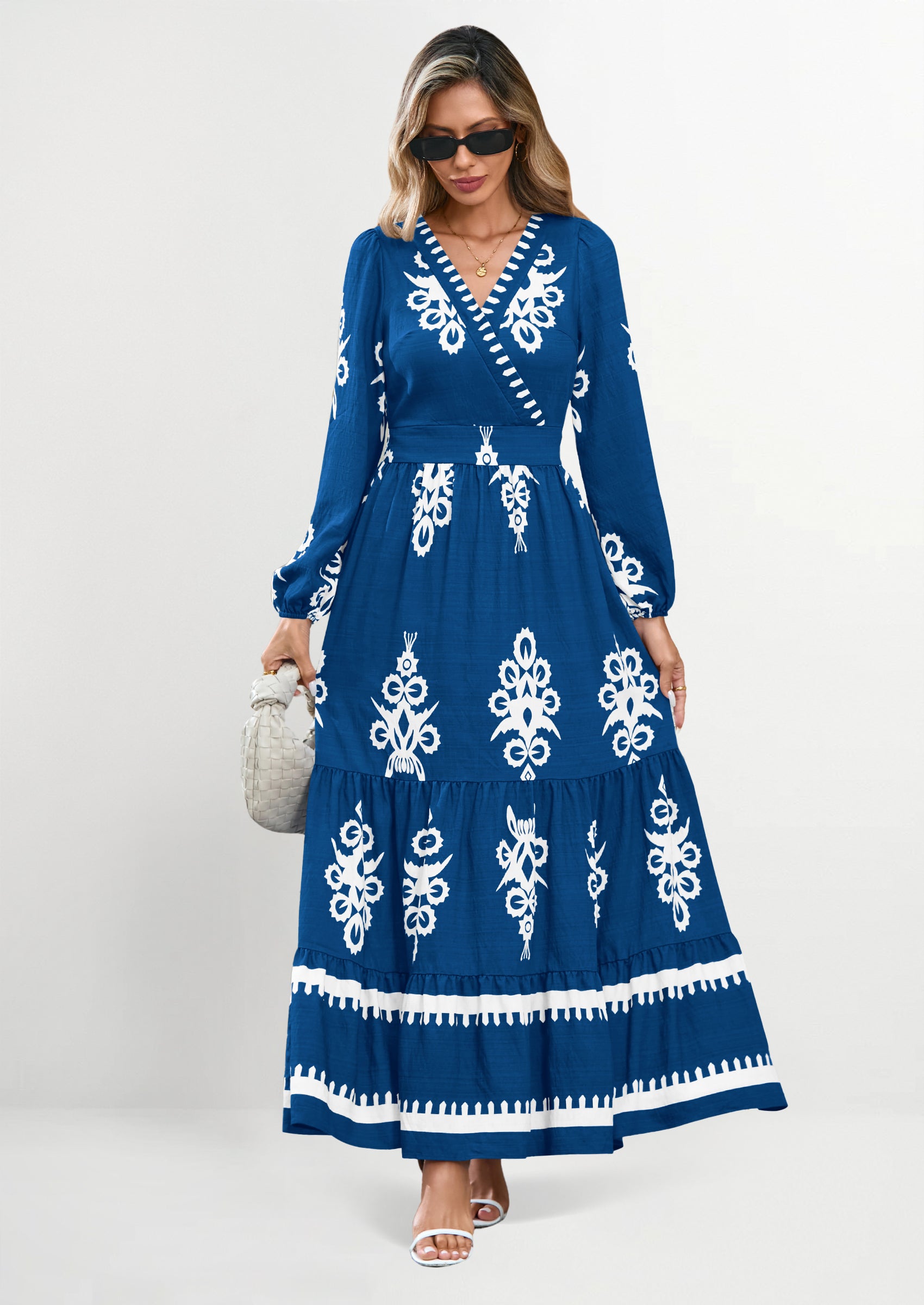 PRETTYGARDEN Women's Fall Wedding Guest Dresses Boho Floral Long Sleeve V Neck Flowy Elegant Maxi Dress Beach Clothes