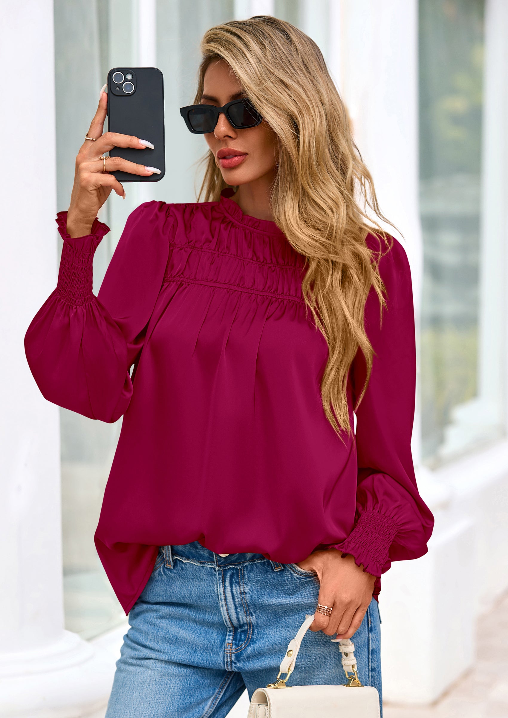 PRETTYGARDEN Blouses for Women Dressy Casual Fall Outfits Frill Neck Long Sleeve Shirts Satin Work Business Casual Tops