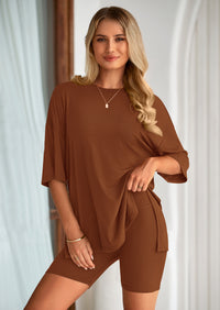 PRETTYGARDEN Women's Two Piece Lounge Set Summer Casual Oversized Shirts Biker Shorts Matching Airport Travel Outfit