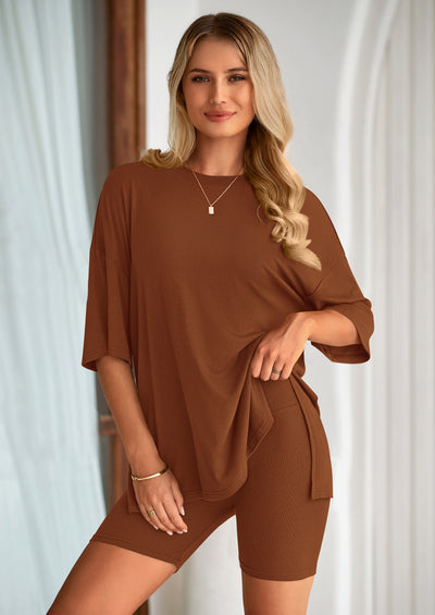 PRETTYGARDEN Women's Two Piece Lounge Set Summer Casual Oversized Shirts Biker Shorts Matching Airport Travel Outfit