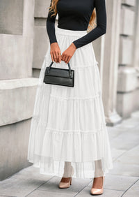 PRETTYGARDEN Maxi Skirts for Women Fall Tulle High Waisted Ruffle Flowy A-Line Long Skirt Country Concert Outfits