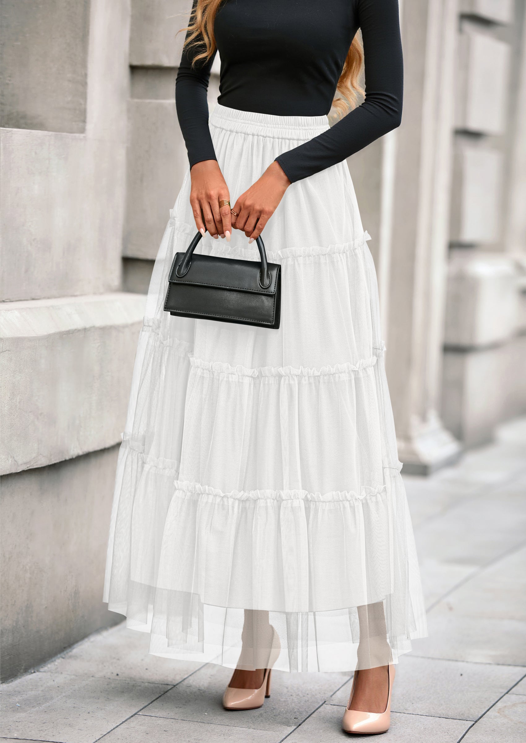 PRETTYGARDEN Maxi Skirts for Women Fall Tulle High Waisted Ruffle Flowy A-Line Long Skirt Country Concert Outfits