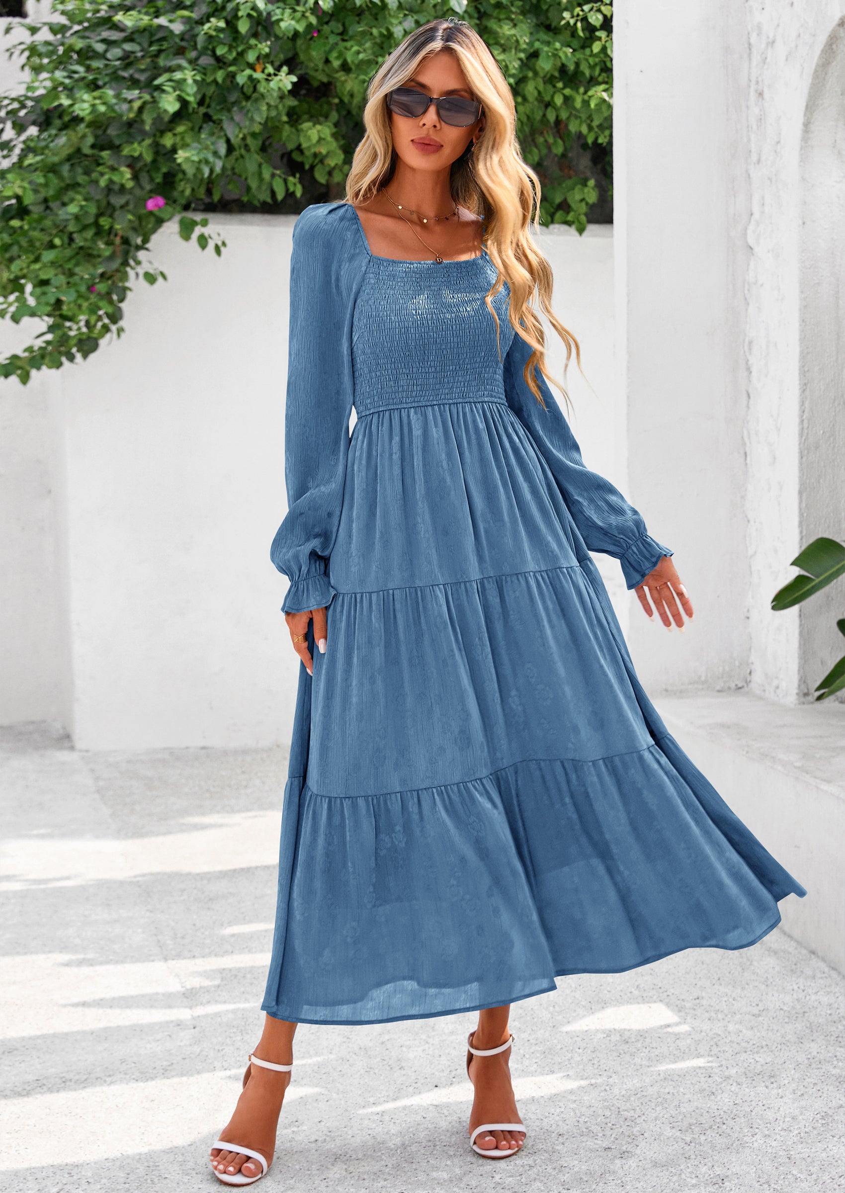 PRETTYGARDEN Fall Wedding Guest Dresses for Women Floral Long Sleeve Smocked Tiered Elegant Long Flowy Boho Dress