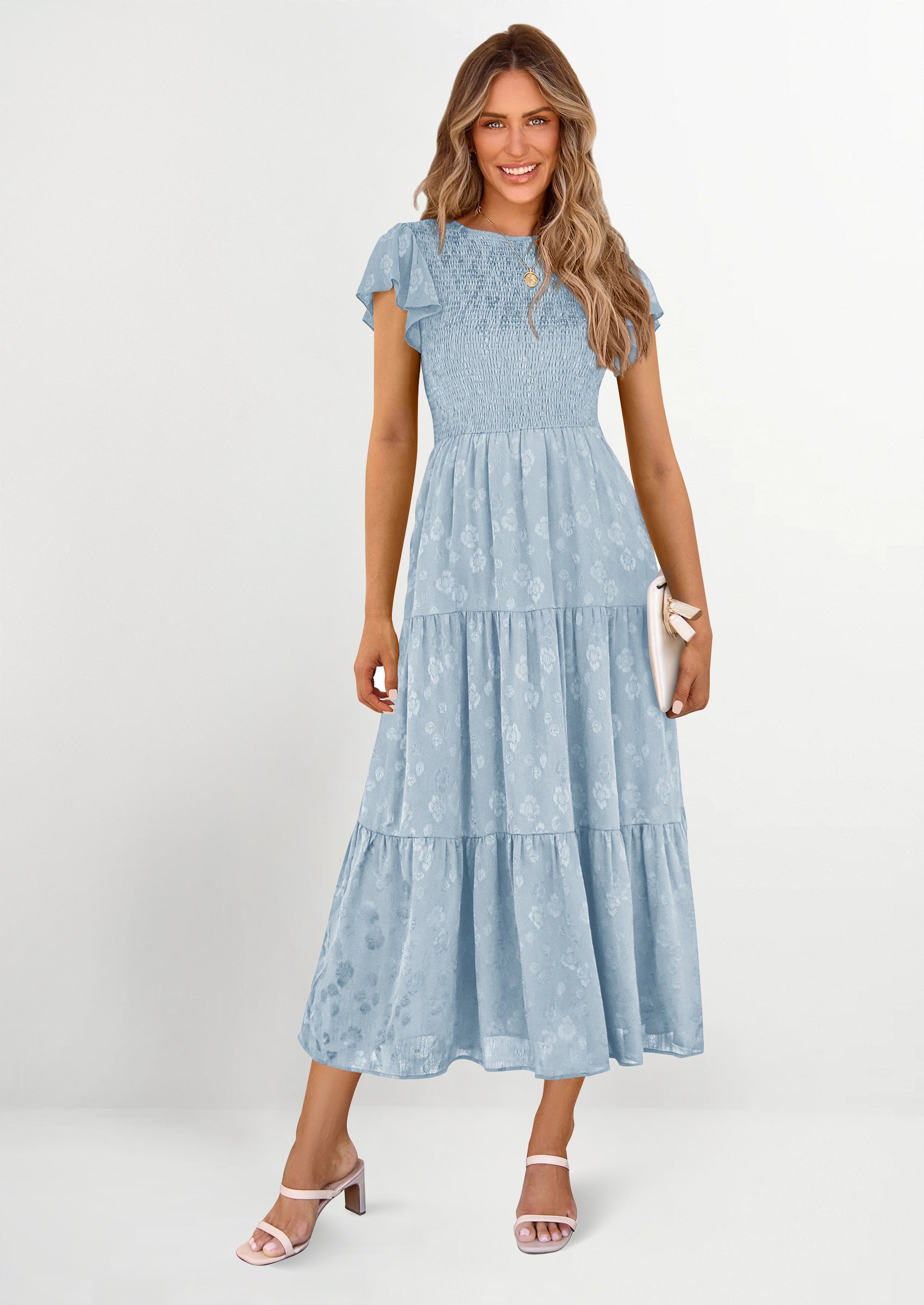 PRETTYGARDEN Midi Dress for Women Summer Floral Cap Sleeve Smocked Ruffle A Line Long Flowy Wedding Guest Dresses
