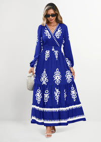 PRETTYGARDEN Women's Fall Wedding Guest Dresses Boho Floral Long Sleeve V Neck Flowy Elegant Maxi Dress Beach Clothes