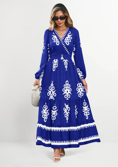 PRETTYGARDEN Women's Fall Wedding Guest Dresses Boho Floral Long Sleeve V Neck Flowy Elegant Maxi Dress Beach Clothes PRETTYGARDEN