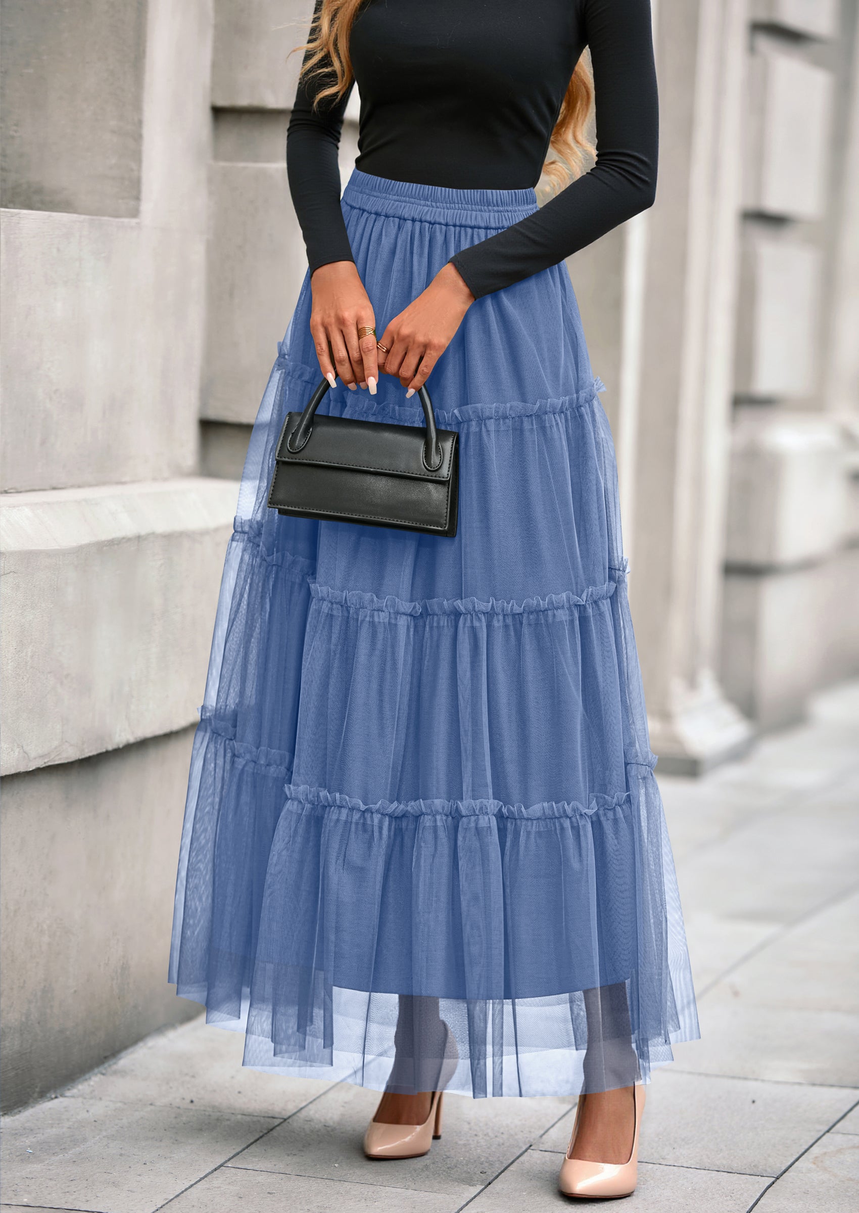 PRETTYGARDEN Maxi Skirts for Women Fall Tulle High Waisted Ruffle Flowy A-Line Long Skirt Country Concert Outfits