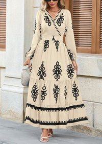 PRETTYGARDEN Women's Fall Wedding Guest Dresses Boho Floral Long Sleeve V Neck Flowy Elegant Maxi Dress Beach Clothes