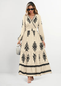 PRETTYGARDEN Women's Fall Wedding Guest Dresses Boho Floral Long Sleeve V Neck Flowy Elegant Maxi Dress Beach Clothes