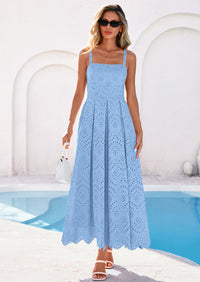 PRETTYGARDEN Womens Sleeveless Maxi Summer Dresses Hollow Out Eyelet Square Neck Ruffle Flowy Beach Vacation Sundress PRETTYGARDEN