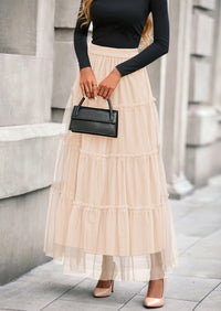 PRETTYGARDEN Maxi Skirts for Women Fall Tulle High Waisted Ruffle Flowy A-Line Long Skirt Country Concert Outfits