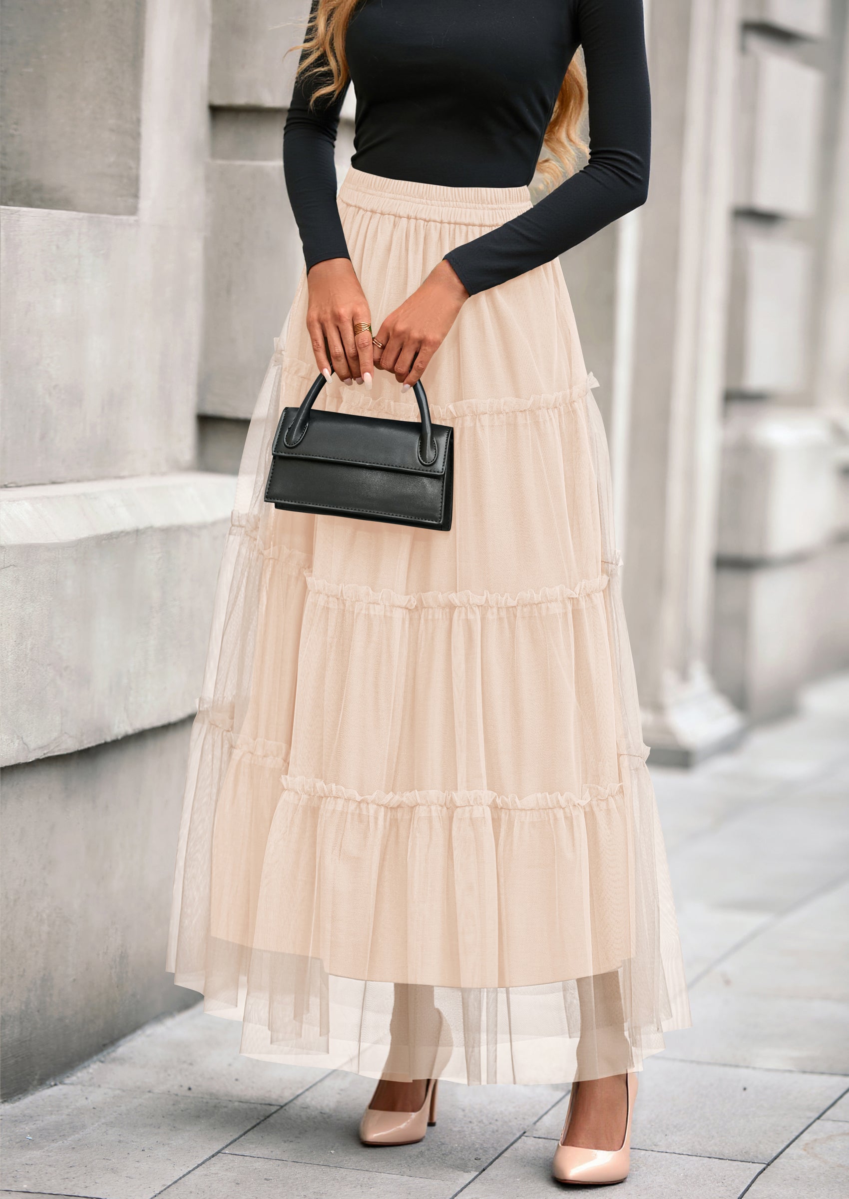 PRETTYGARDEN Maxi Skirts for Women Fall Tulle High Waisted Ruffle Flowy A-Line Long Skirt Country Concert Outfits