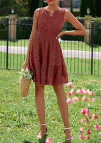 PRETTYGARDEN Women's Summer Dresses Sleeveless V Neck Eyelet Hollow Out Swing A Line Beach Vacation Sun Dress