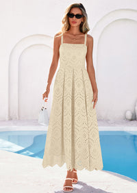 PRETTYGARDEN Womens Sleeveless Maxi Summer Dresses Hollow Out Eyelet Square Neck Ruffle Flowy Beach Vacation Sundress PRETTYGARDEN