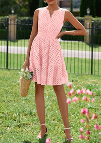 PRETTYGARDEN Women's Summer Dresses Sleeveless V Neck Eyelet Hollow Out Swing A Line Beach Vacation Sun Dress