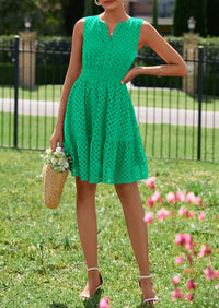 PRETTYGARDEN Women's Summer Dresses Sleeveless V Neck Eyelet Hollow Out Swing A Line Beach Vacation Sun Dress