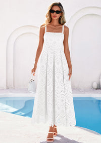 PRETTYGARDEN Womens Sleeveless Maxi Summer Dresses Hollow Out Eyelet Square Neck Ruffle Flowy Beach Vacation Sundress PRETTYGARDEN