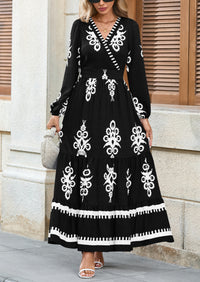 PRETTYGARDEN Women's Fall Wedding Guest Dresses Boho Floral Long Sleeve V Neck Flowy Elegant Maxi Dress Beach Clothes