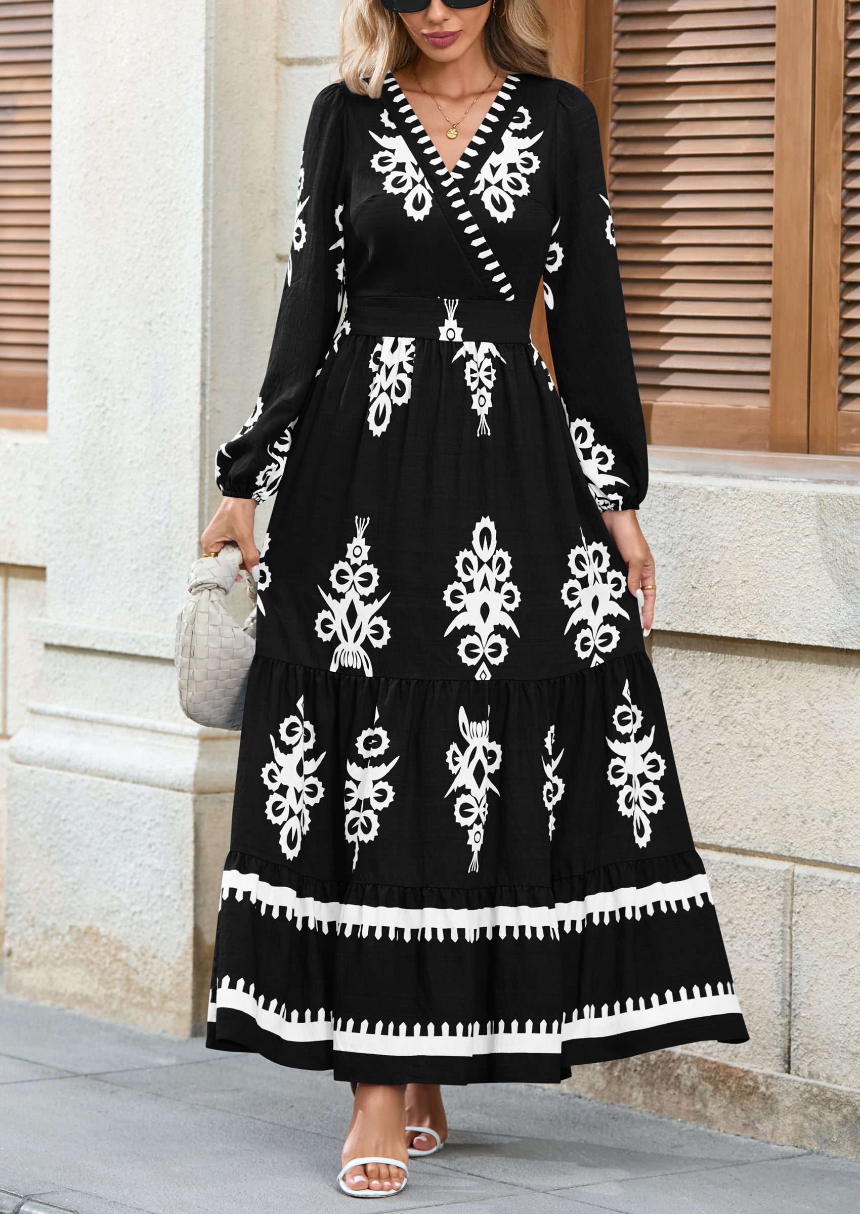 PRETTYGARDEN Women's Fall Wedding Guest Dresses Boho Floral Long Sleeve V Neck Flowy Elegant Maxi Dress Beach Clothes