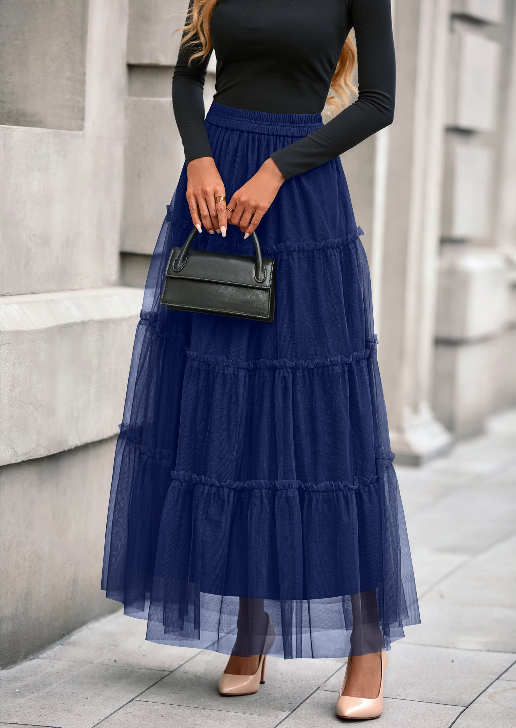 PRETTYGARDEN Maxi Skirts for Women Fall Tulle High Waisted Ruffle Flowy A-Line Long Skirt Country Concert Outfits