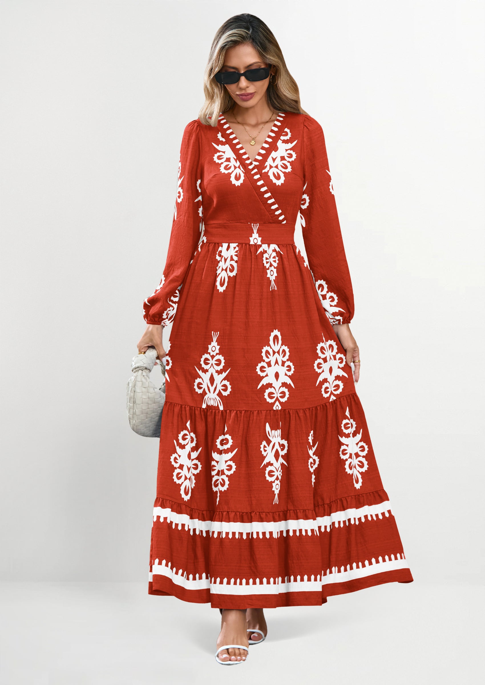 PRETTYGARDEN Women's Fall Wedding Guest Dresses Boho Floral Long Sleeve V Neck Flowy Elegant Maxi Dress Beach Clothes