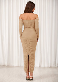 PRETTYGARDEN Womens Fall Long Sleeve Maxi Dress Off Shoulder Mesh Ruched Bodycon Trendy Long Wedding Guest Dresses PRETTYGARDEN