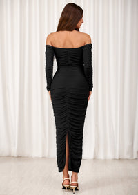 PRETTYGARDEN Womens Fall Long Sleeve Maxi Dress Off Shoulder Mesh Ruched Bodycon Trendy Long Wedding Guest Dresses PRETTYGARDEN