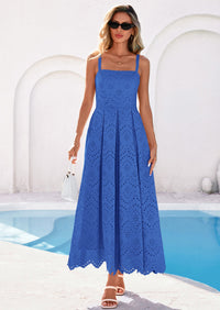 PRETTYGARDEN Womens Sleeveless Maxi Summer Dresses Hollow Out Eyelet Square Neck Ruffle Flowy Beach Vacation Sundress PRETTYGARDEN